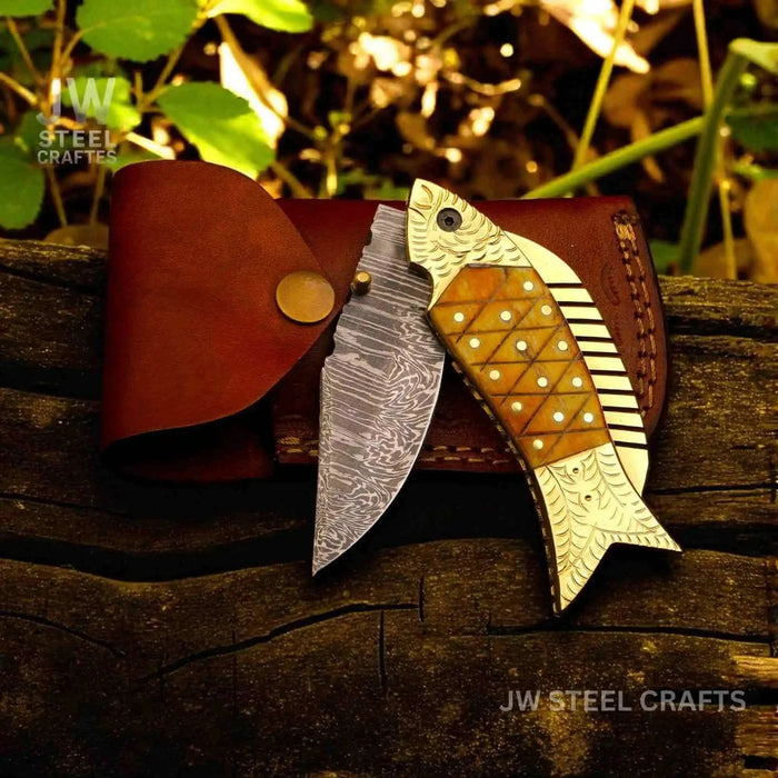 Damascus Fish Folding Knife with Bone Handle, Brass Bolster and Leather Sheath