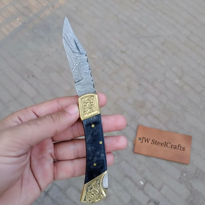Handmade Damascus Steel Folding Knife with Gray Micarta Handle and Brass Thumb Stud – Custom EDC Pocket Knife by JW SteelCrafts