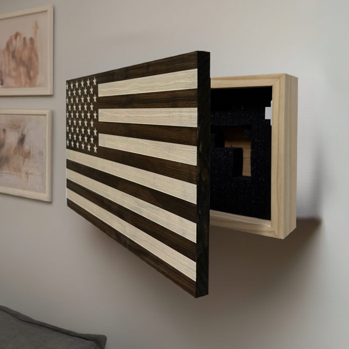 American Flag Decorative Secure Wall Mounted Gun Cabinet Dark Walnut