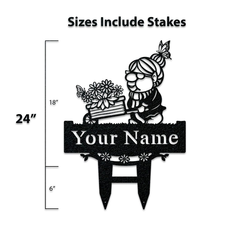Grandma Garden Gnome Wheelbarrow Monogram - Metal Yard Signs