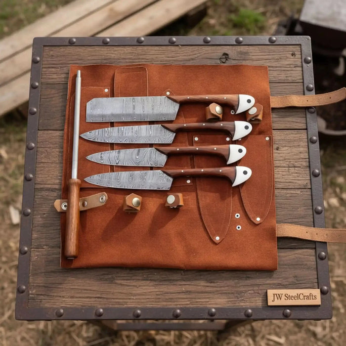 Hand-Forged Damascus Chef Knife Set with Leather Roll & Sharpening Rod - Rosewood Handle Collection