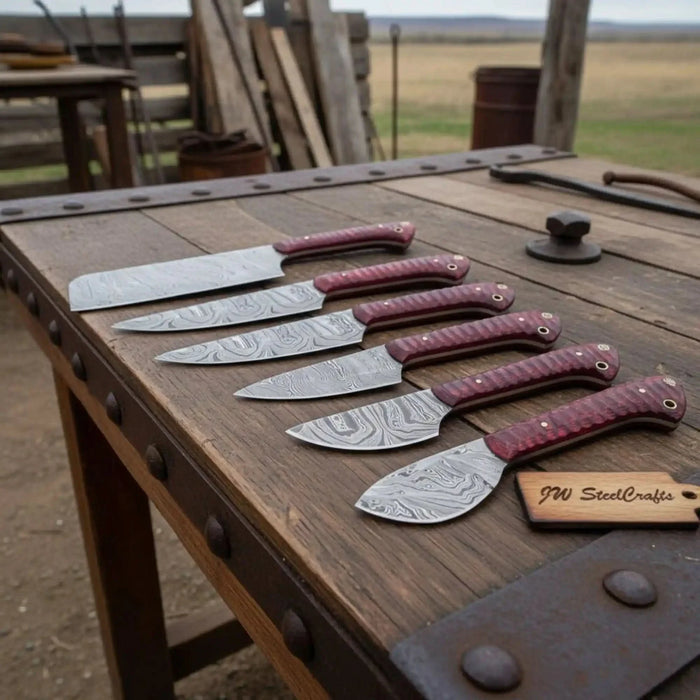 6-Piece Damascus Knife Set with Red Wood Handles and Brass Pins
