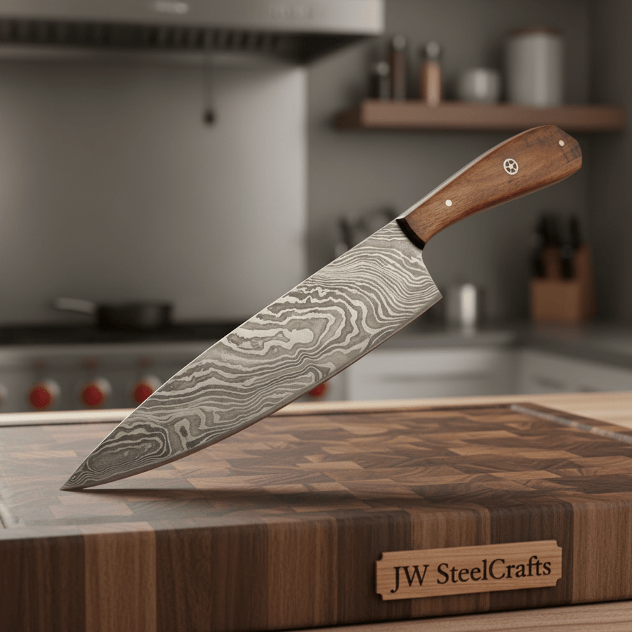 Chef Knife, Twist Pattern Damascus Steel Blade, Walnut Wood Handle with Mosaic Pin, Full Tang Professional Kitchen Knife, JW SteelCrafts