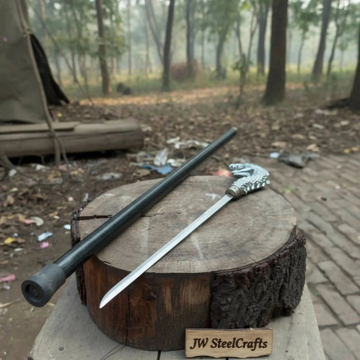 Handmade Cobra Head Sword Cane with Polished Steel Blade and Black Walking Shaft for Collection and Display