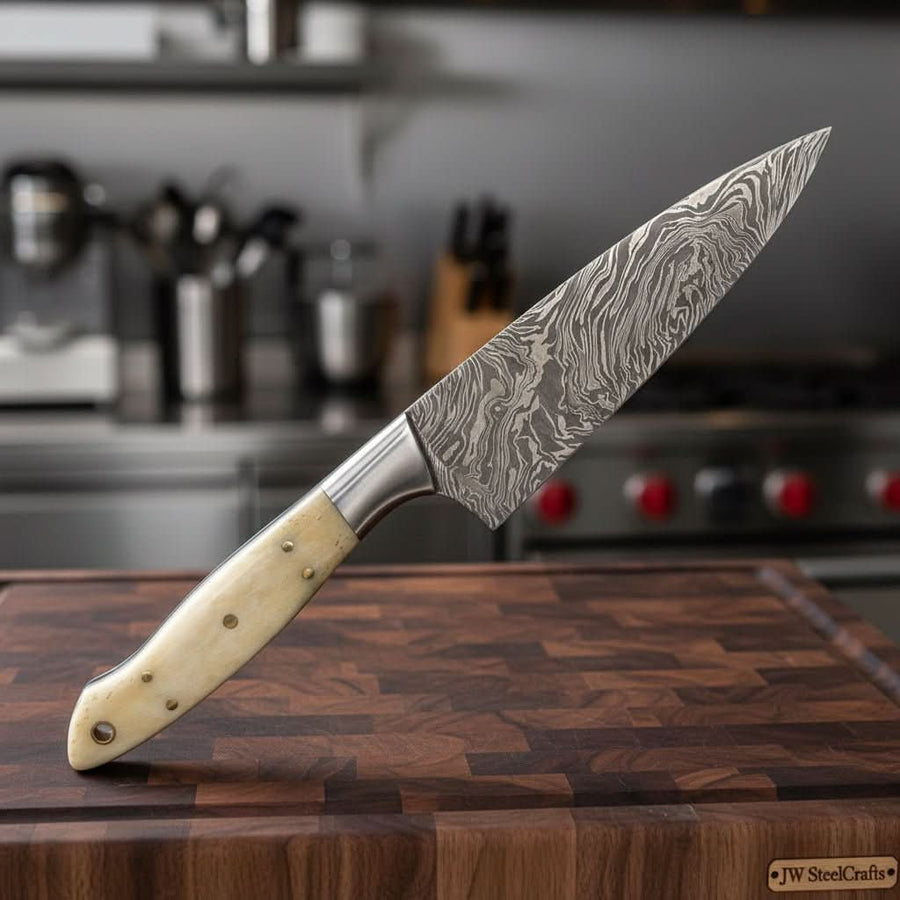 Custom Handmade Damascus Bunka Knife with Bone Handle and Steel Bolster, Hand Forged Japanese knives