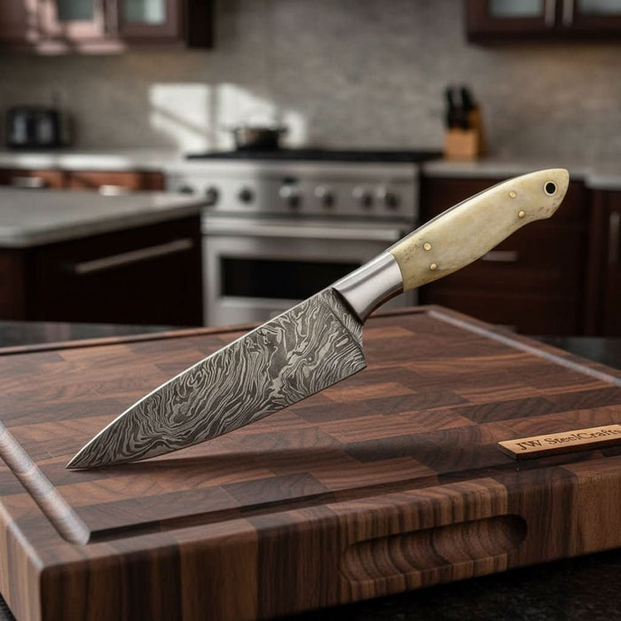 Custom Handmade Damascus Bunka Knife with Bone Handle and Steel Bolster, Hand Forged Japanese knives
