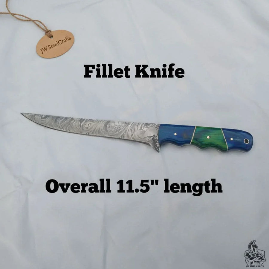 11.5 Inch Damascus Steel Fillet Knife with Two-Tone Colored Wood Handle | JW SteelCrafts