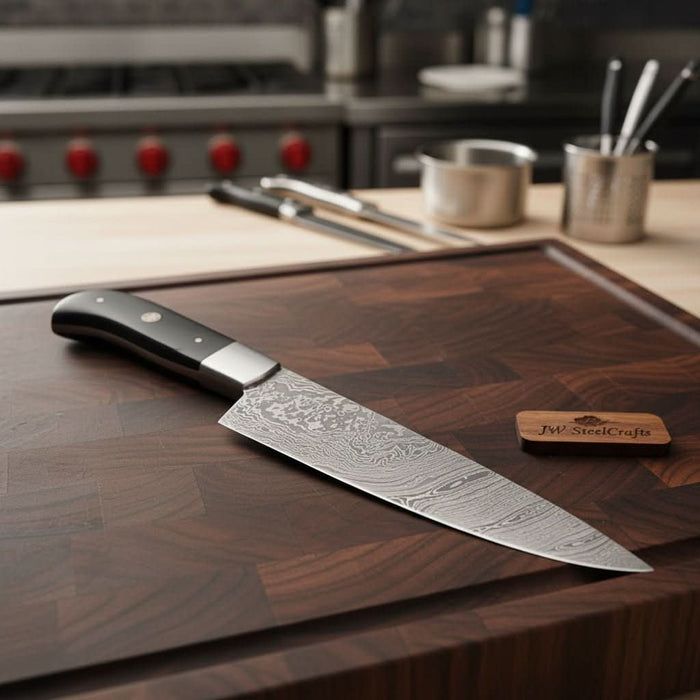 Handcrafted Damascus Steel Chef Knife, Black Resin Handle, Japanese Kitchen Blade by JW SteelCrafts