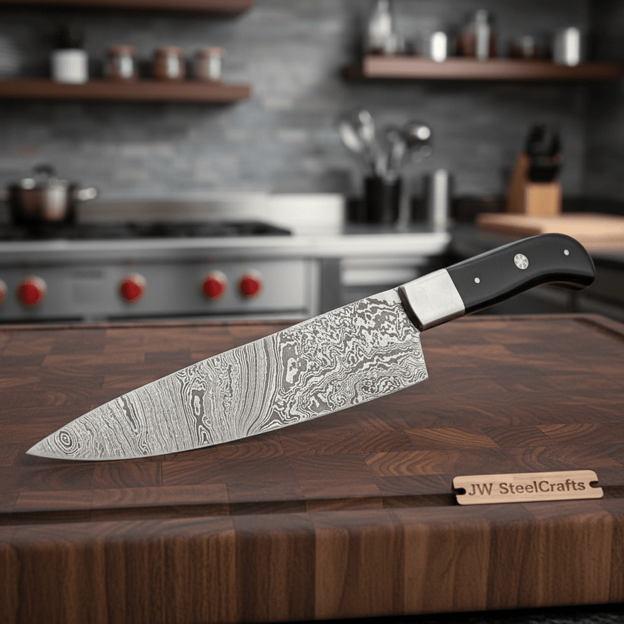 Handcrafted Damascus Steel Chef Knife, Black Resin Handle, Japanese Kitchen Blade by JW SteelCrafts
