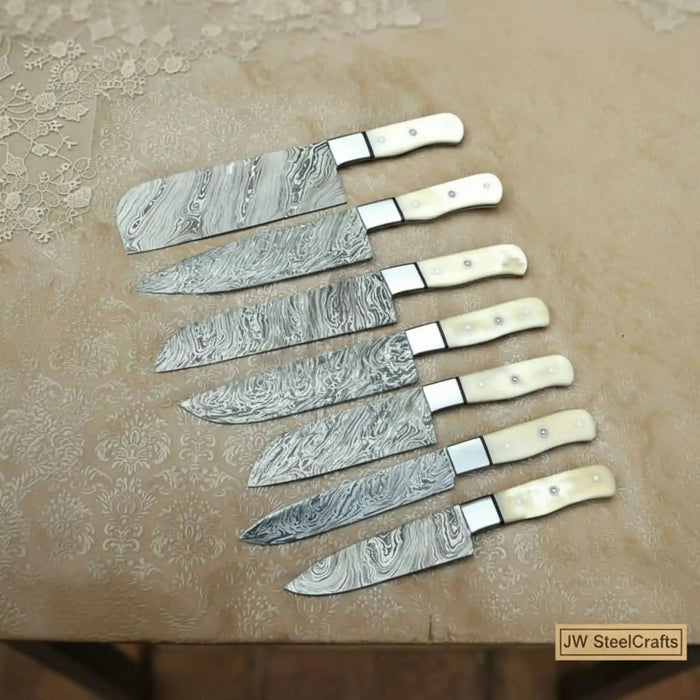 7-Piece Damascus Cleaver and Prep Knife Set with White Bone Handles — 8 to 10-Inch Blades