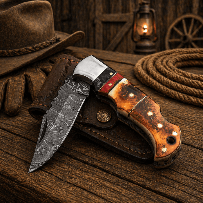 Handmade Damascus Pocket Knife – Burnt Camel Bone Handle Folding Knife with Leather Sheath | Custom EDC Hunting Knife Gift for Men
