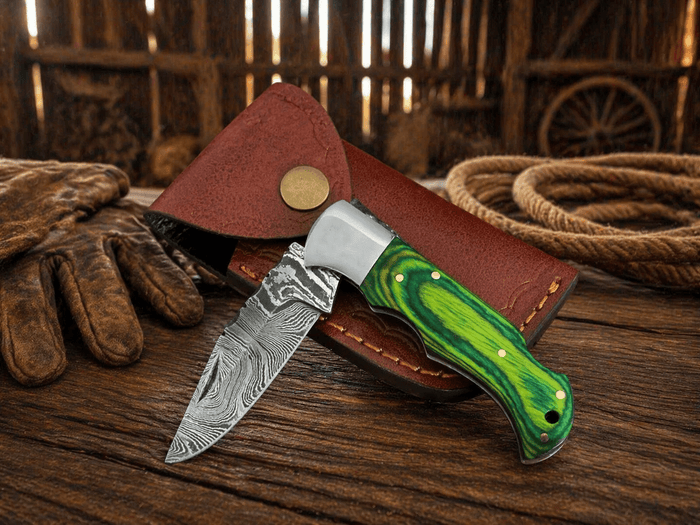 Handmade Damascus Pocket Knife – Folding Knife with Wood Handle & Back Lock | Custom EDC Hunting Knife Gift for Men