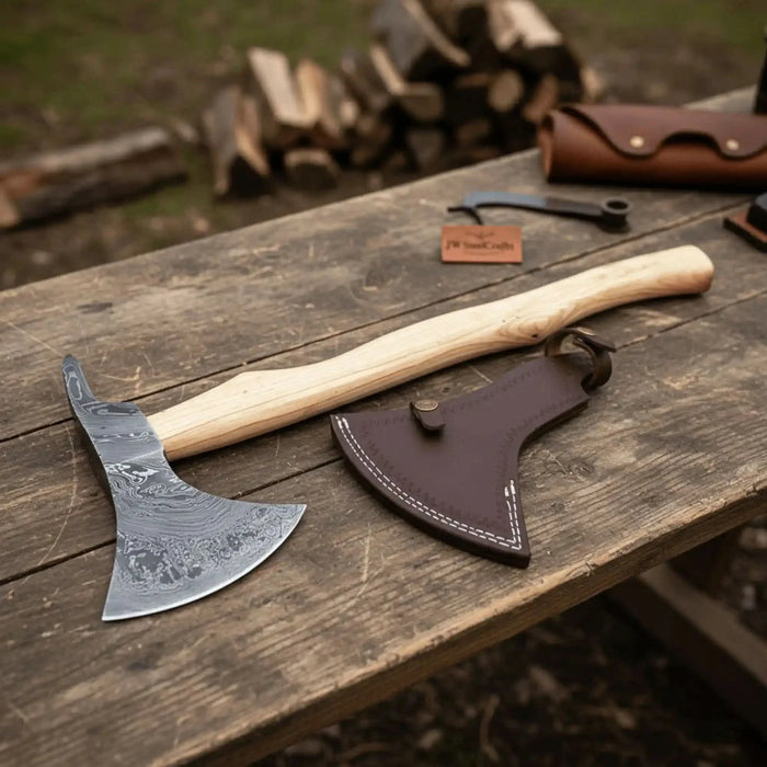 Handmade Damascus Steel Bearded Spike Axe – Hand Forged Viking Bearded Axe with Ash Wood Handle and Leather Sheath | JW SteelCrafts