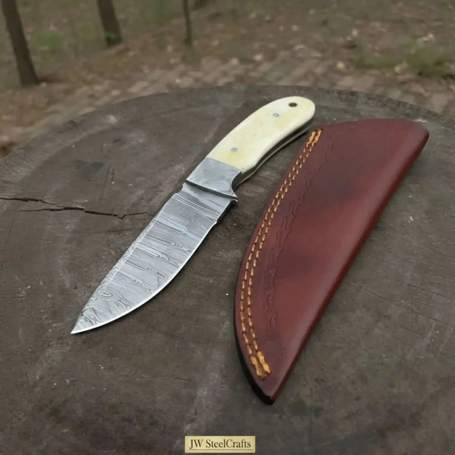 Handmade Damascus Skinner Knife 4” Blade Fixed Blade Bone Handle Leather Sheath