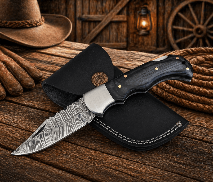 Handmade Damascus Steel Pocket Knife – Pakka Wood Handle Folding Knife with Leather Sheath | EDC Hunting Camping Gift for Men