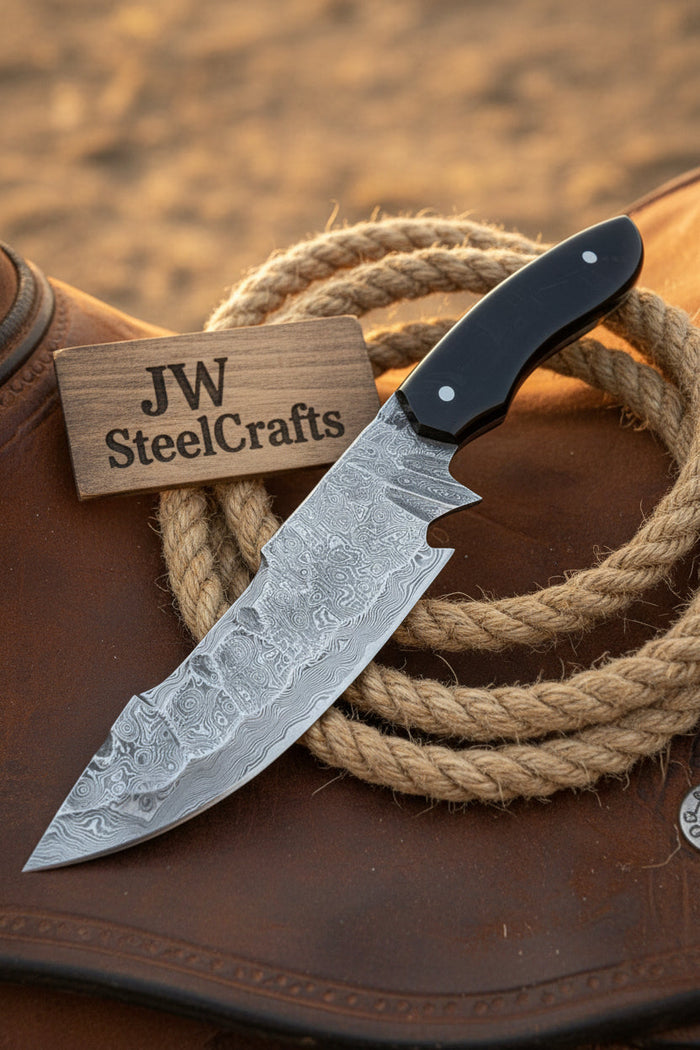 Damascus Field Knife 9” Blade Handmade Black Epoxy Resin Handle with Sheath