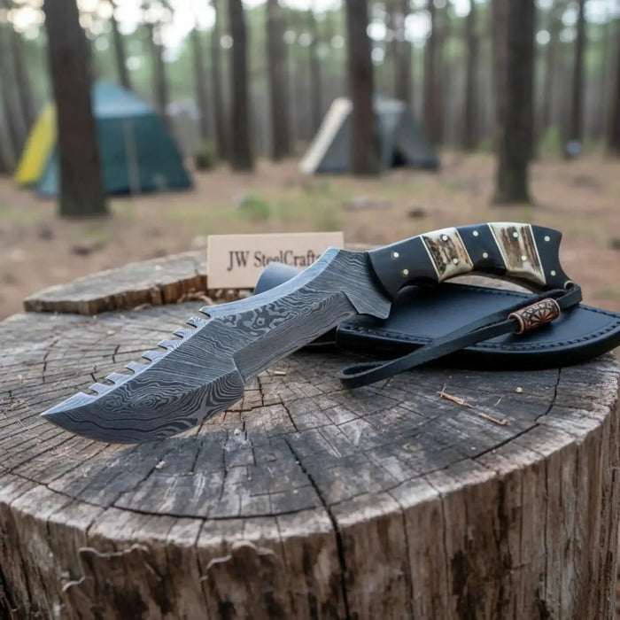 Tracker Knife Damascus Steel Multi Edge Blade With Leather Sheath