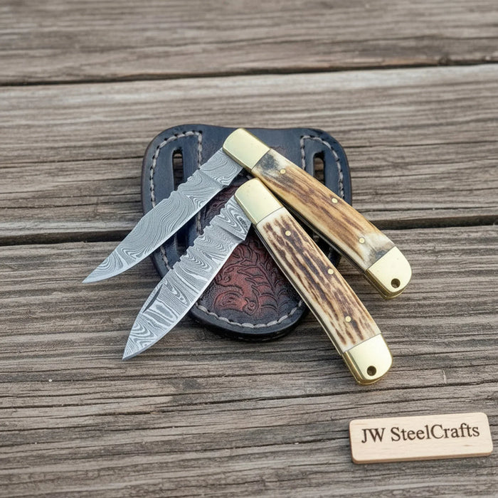 Handmade Damascus Steel Trapper Folding Knife 7" Two Blade Stag Handle Brass Bolster EDC