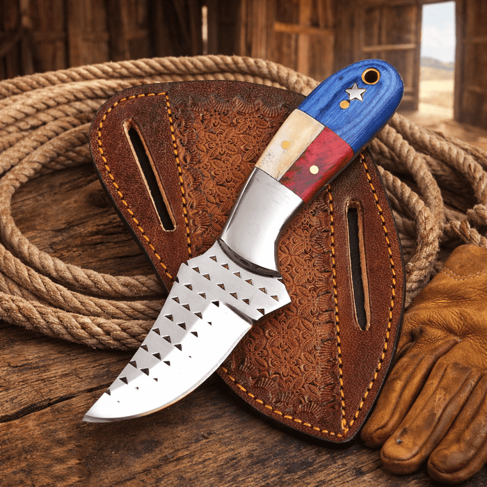 Handmade Rasp Steel Cowboy Knife – Texas Flag Handle, Pancake Leather Sheath
