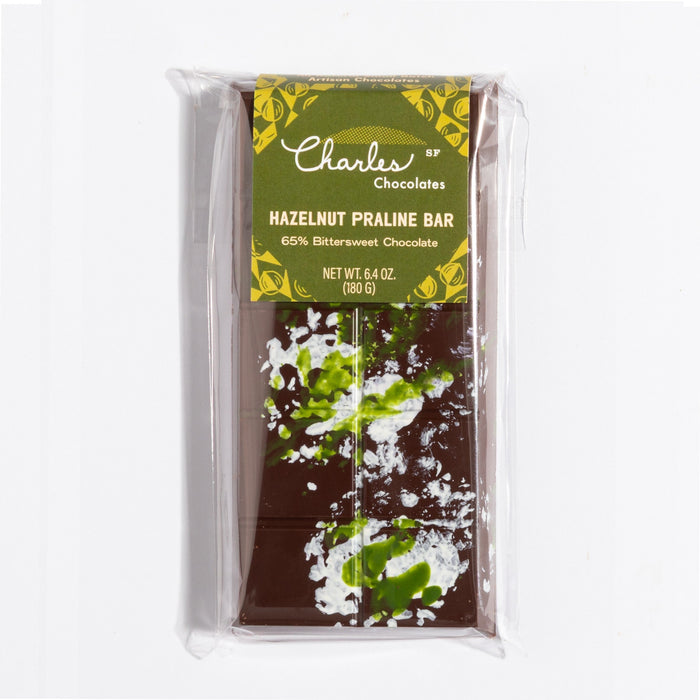 Hazelnut Praline Crunch Dark Chocolate Bars in labeled packaging