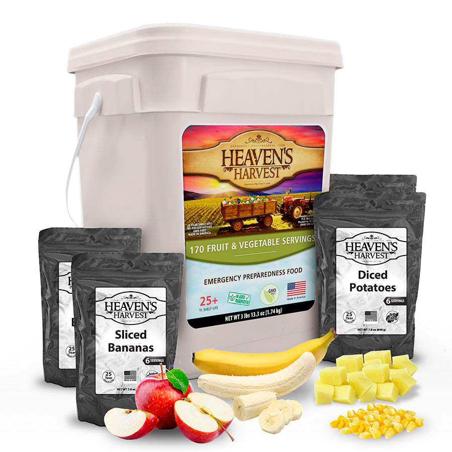 Fruit and vegetable bucket with separate pouches and produce illustrations