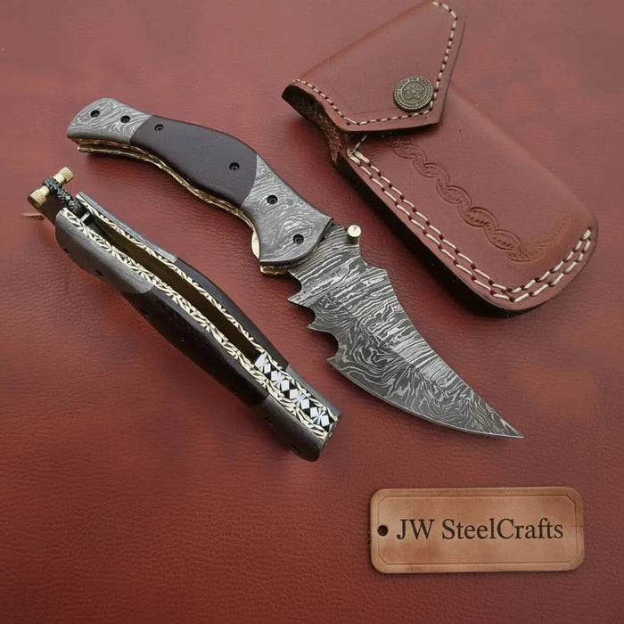 Handmade Damascus Folding Knife with Dark Wood Handle & Spine Jimping – Custom EDC Pocket Knife by JW SteelCrafts