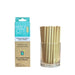 Image of a package and a glass jar containing Holy City Straw Co.'s 5.5-inch reusable cocktail reed straws. The package is light blue and brown, displaying the brand's logo and stating 'Premium Reusable Reed Straws,' ideal for craft and frozen drinks. The jar next to the package is filled with the natural reed straws, showcasing their eco-friendly design.