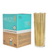 Right side view of Holy City Straw Co. box of 250 7.9-inch jumbo reed drinking straws, showcasing the company's story and eco-friendly practices, alongside a glass containing the straws."