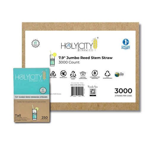 Holy City Straw Co. case of 3000 7.9-inch jumbo reed stem straws, highlighting sustainable, renewable, and compostable features.