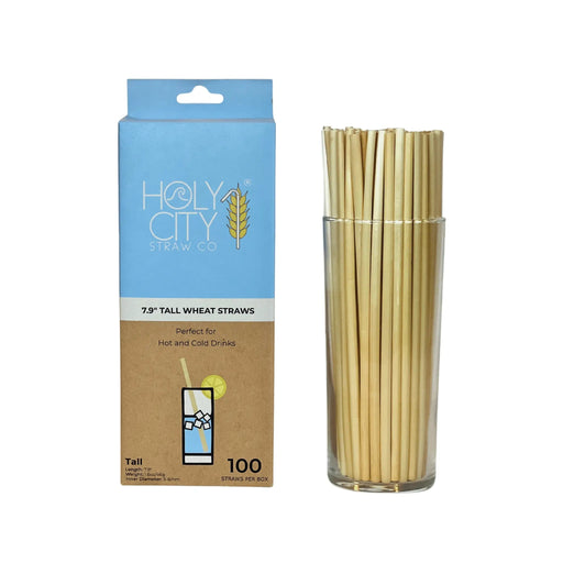 Holy City Straw Co. package of 100 tall wheat straws, suitable for hot and cold drinks, displayed next to a glass filled with the straws