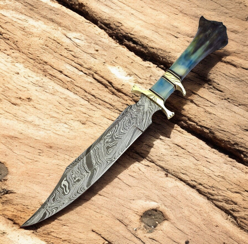 Handmade Damascus Bowie Knife with Colored Bone Handle