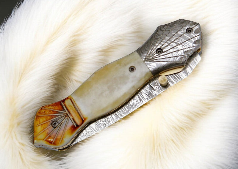 Handmade Damascus Folding Knife – Bone Handle, 3" Blade