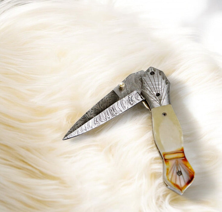 Handmade Damascus Folding Knife – Bone Handle, 3" Blade