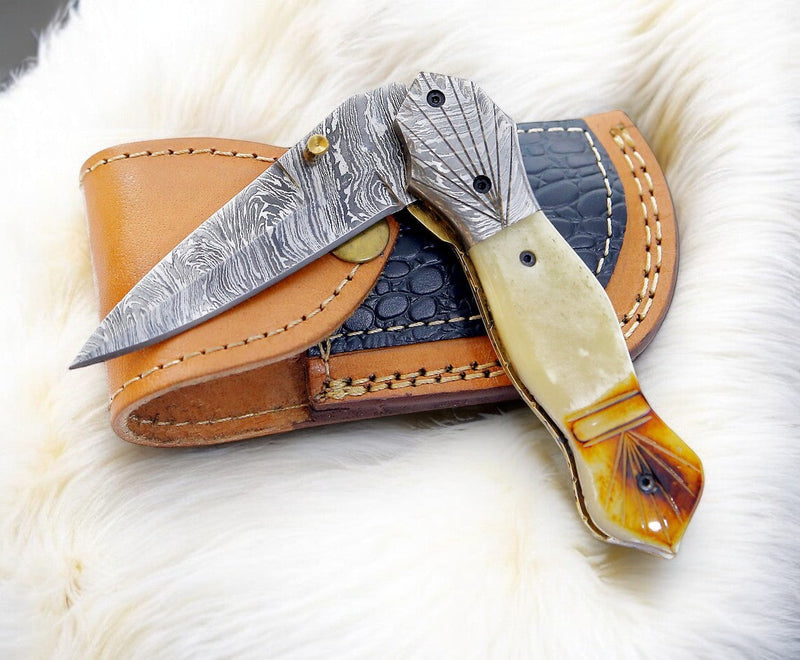Handmade Damascus Folding Knife – Bone Handle, 3" Blade