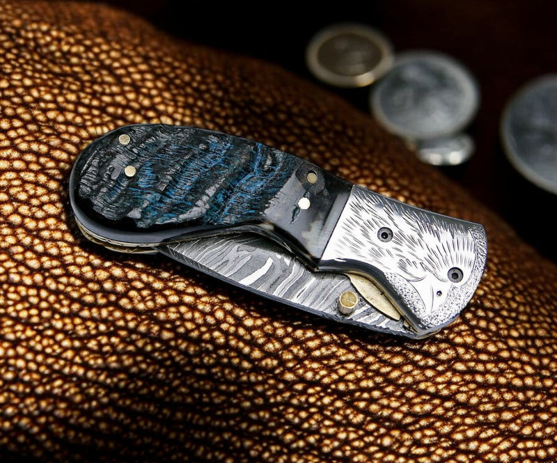 Handmade Damascus Pocket Knife – Sheep Horn Handle