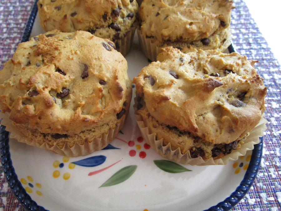 Gluten Free Chocolate Chip Muffins, Dairy Free, Vegan, Nut Free, Low Sugar Breakfast, Low Fat snacks, Birthday Brunch, School Safe breakfast