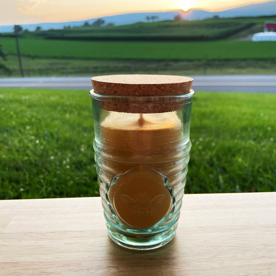 Beeswax Candle in Honeybee Glass Jar Spanish Recycled Glass