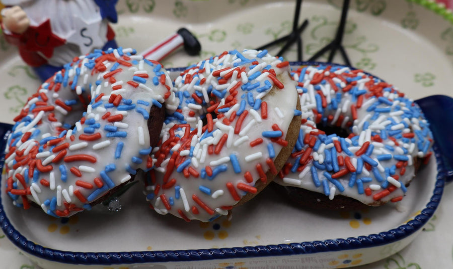 Gluten Free Donuts, Dairy Free, Egg Free, Nut Free, Vegan, July 4th Desserts, Natural Sprinkles, Red White Blue, Patriotic, USA Celebration