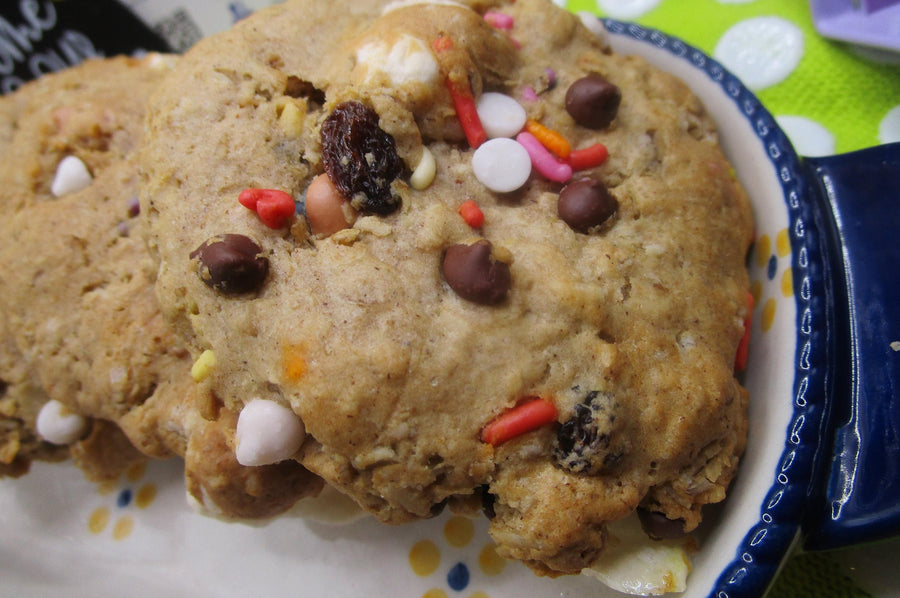 Gluten Free Kitchen Sink Cookies, Dairy Free, Vegan, Nut Free, Chocolate Caramel Raisins Oats, Birthday Party Dessert, School Safe Snacks