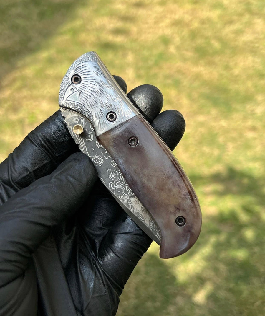 Damascus pocket folding knife