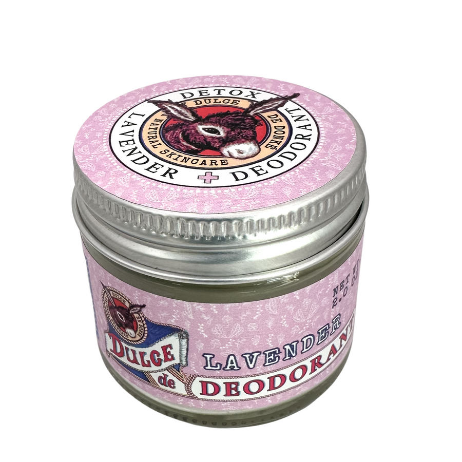 Lavender cream deodorant in a pink-labeled jar with a silver lid