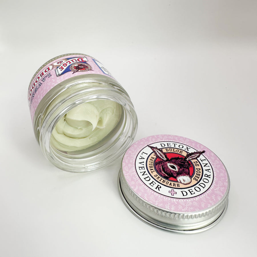 Open lavender deodorant jar showing the cream and its labeled lid