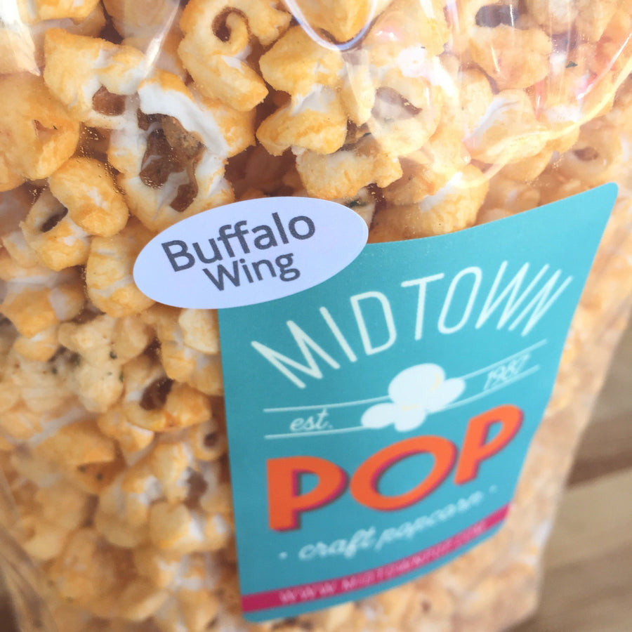 Close-up of a Buffalo Wing popcorn label