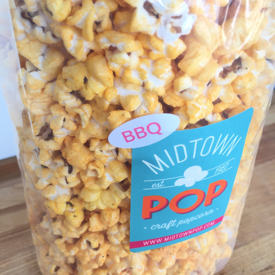 Close-up of a BBQ popcorn label