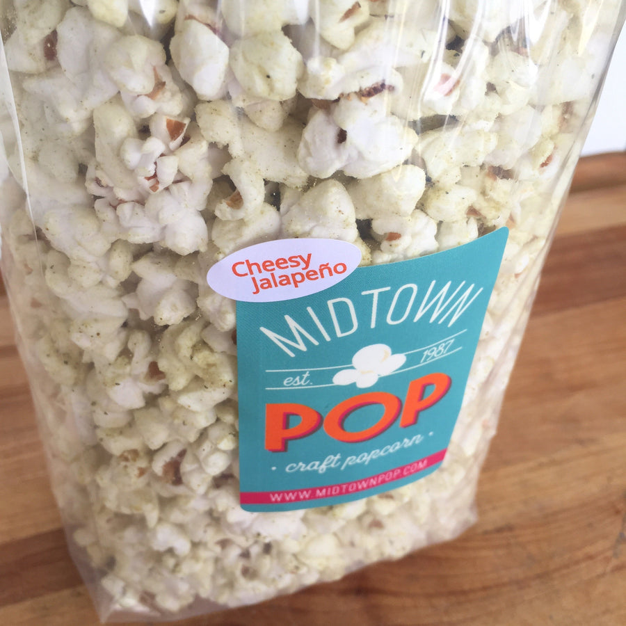 Close-up of a Cheesy Jalapeño popcorn label