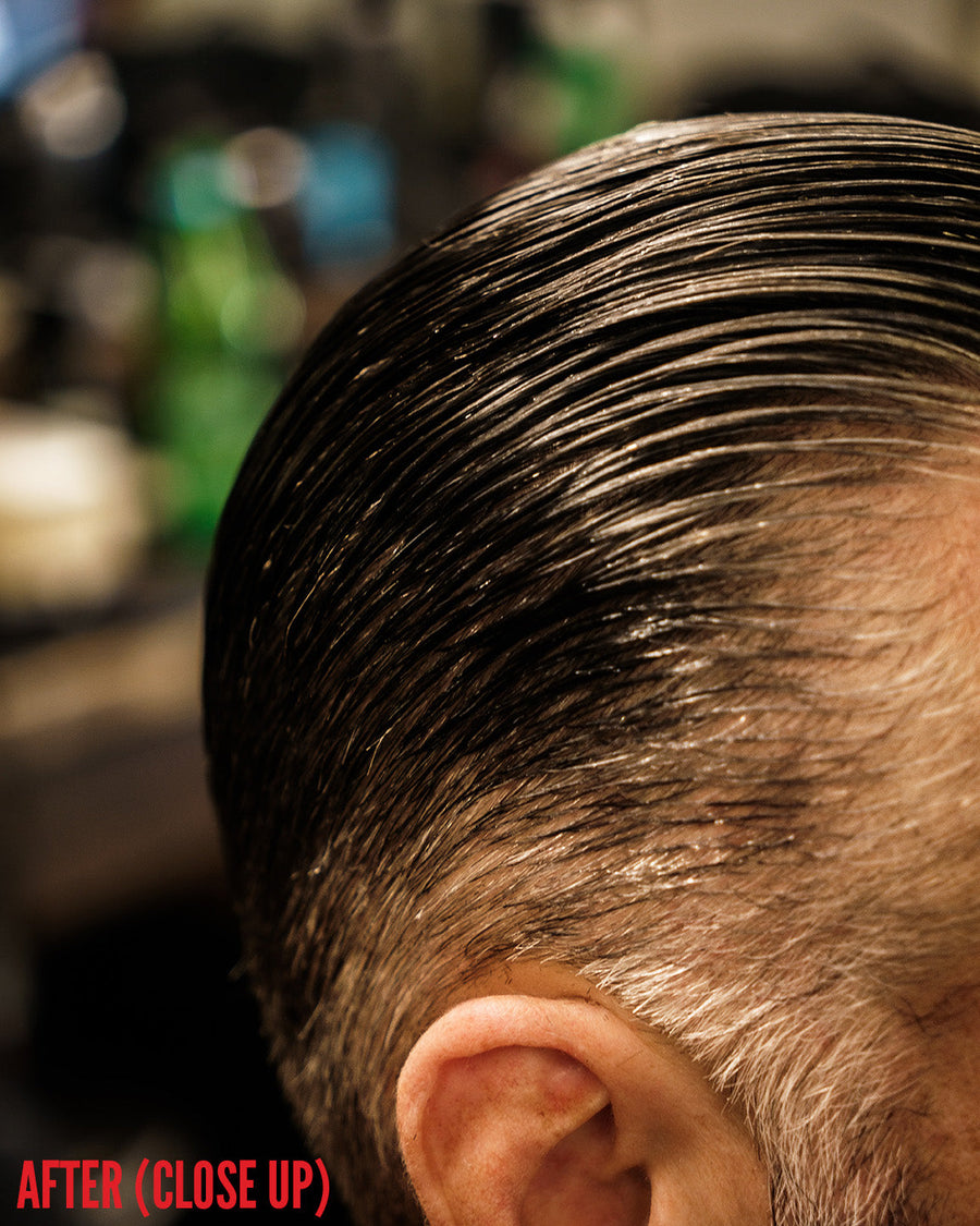 Blacktop Tinted Pomade — close view of styled hair after application