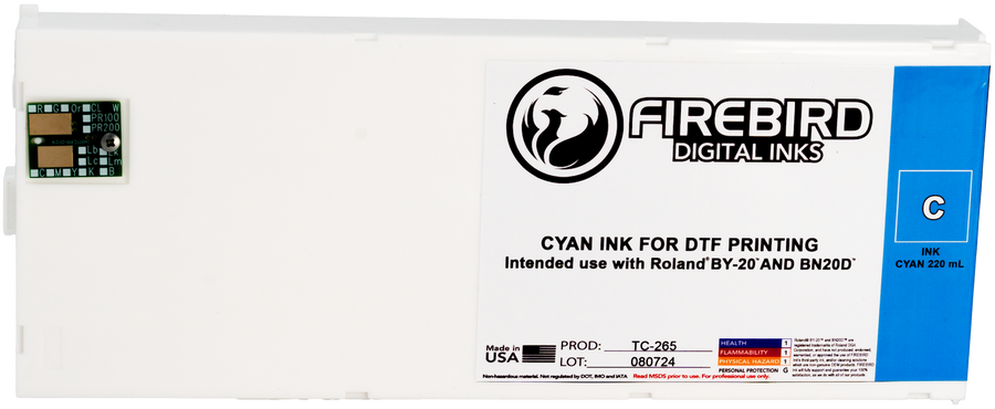 Cyan FIREBIRD DTF replacement ink cartridge for Roland BY-20 and BN-20D