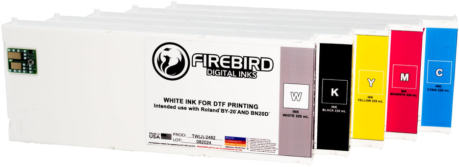 FIREBIRD replacement DTF ink cartridges for Roland BY-20 and BN-20D printers in five colors