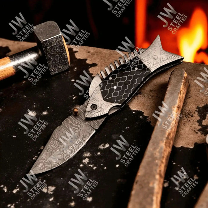 Handmade Damascus Steel Folding Knife with Black Honeycomb Handle