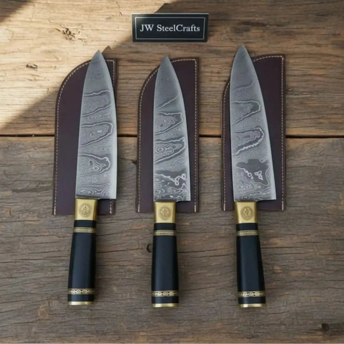 3-Piece Damascus Chef Knife Set — 13 Inch Blades with Black Resin Handles, Brass Bolsters & Leather Sheaths | JW Steel Crafts